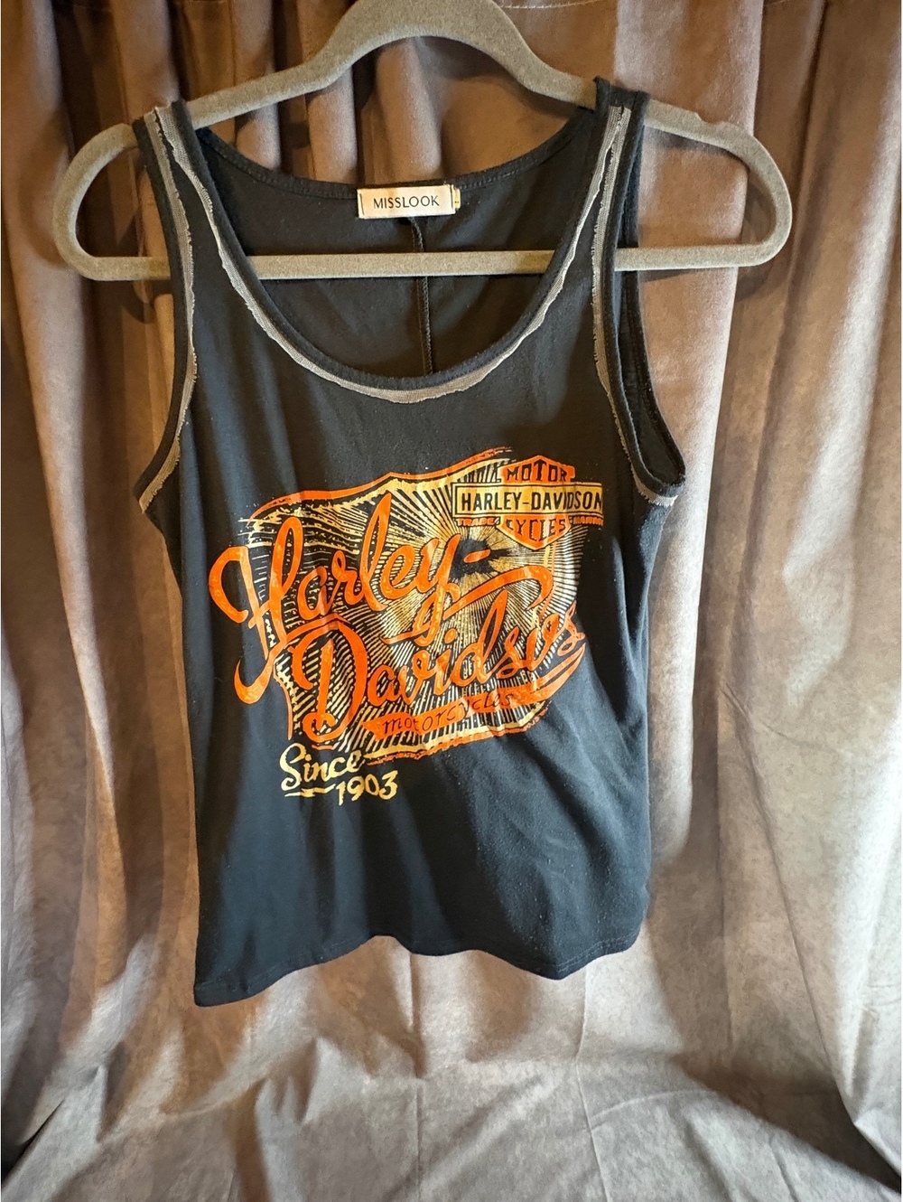 Misslook Lrg Harley-Davidson Graphic Tank Top Black Orange Biker Moto